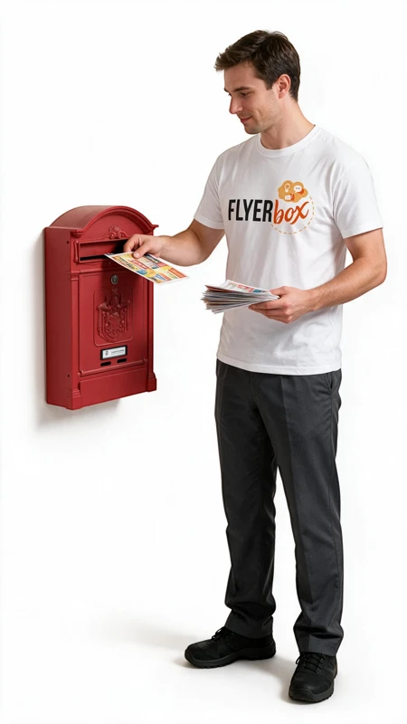 Addetto Flyerbox inserisce un volantino in una cassetta postale rossa.